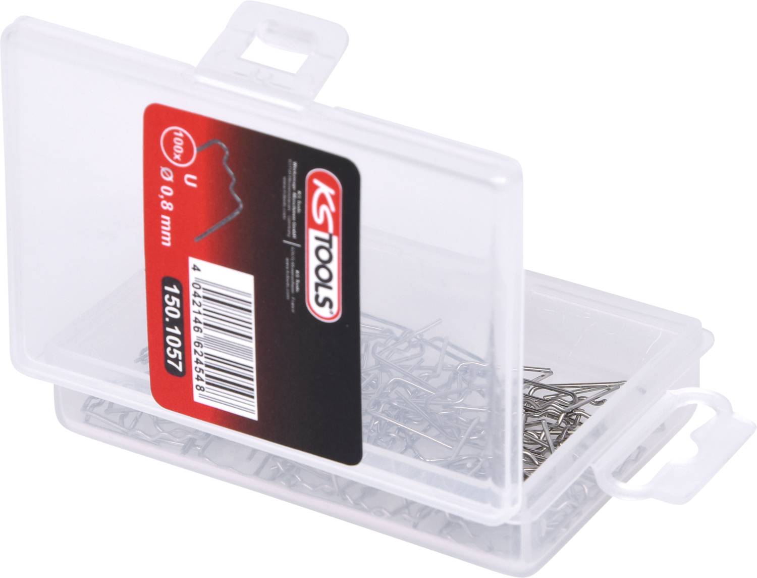 Eine transparente Plastikbox enthält silberne Splinte. Auf dem Etikett steht 'KS Tools' und die Maße 'Ø 6 x 60 mm'.