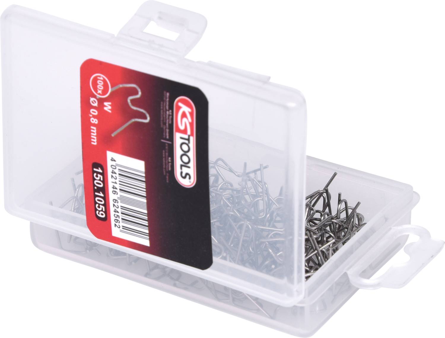 Eine transparente Plastikbox mit dem Etikett 'KS TOOLS' enthält viele kleine silberne Nägel.