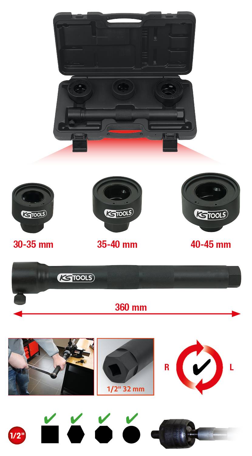 Set von Innenlagerwerkzeugen mit einem Koffer. Drei Adapter für verschiedene Größen: 30-35 mm, 35-40 mm, 40-45 mm. Drehbarer Griff mit einer Länge von 360 mm.