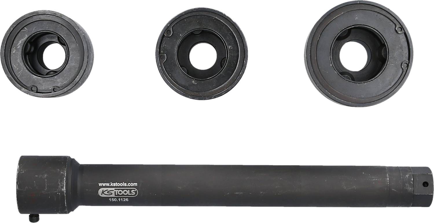 Langes, zylinderförmiges Werkzeug mit drei runden Aufsatzstücken, verwendet in der Fahrzeugreparatur. Markiert mit 'KS TOOLS'.