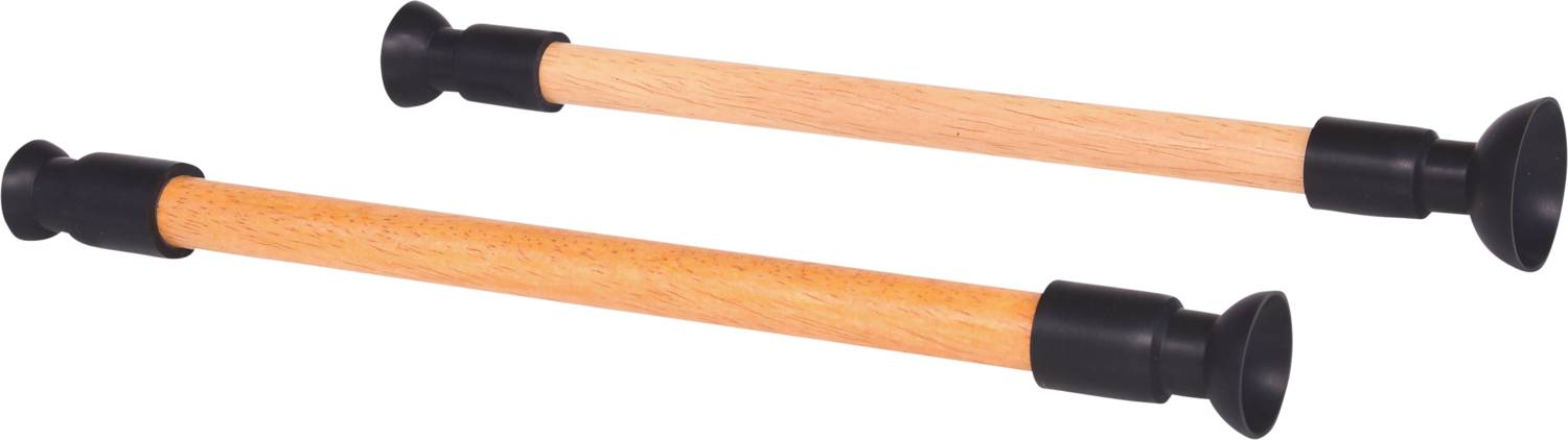 Zwei verstellbare, teleskopartige Klemmstangen aus Holz mit schwarzen Kunststoffenden, geeignet zur Befestigung oder Stabilisierung.