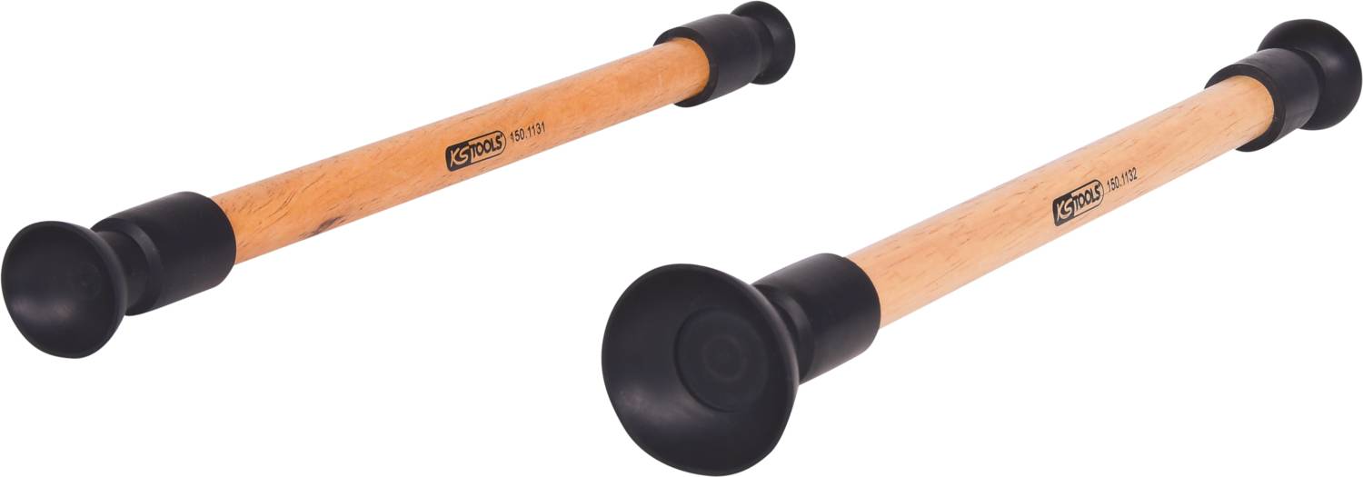 Zwei Holz-Griffe mit schwarzen, runden Enden, die als Türstopper dienen. Die Marke 'Geze' ist auf die Griffe gedruckt.