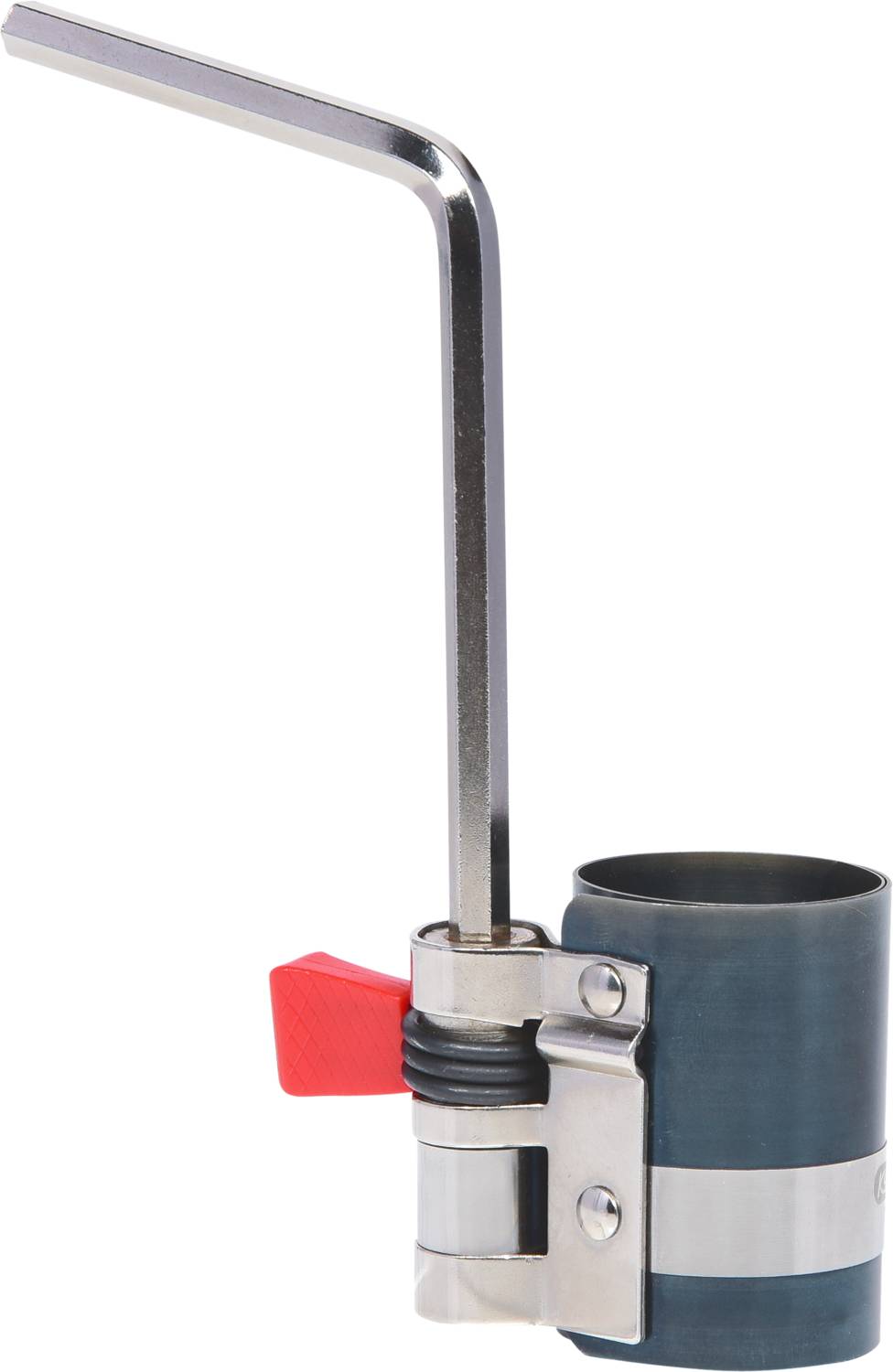 Metall-Werkzeug mit rotem Hebel, zylindrischem Körper und langem Griff, vermutlich ein Kolbenring-Kompressor.