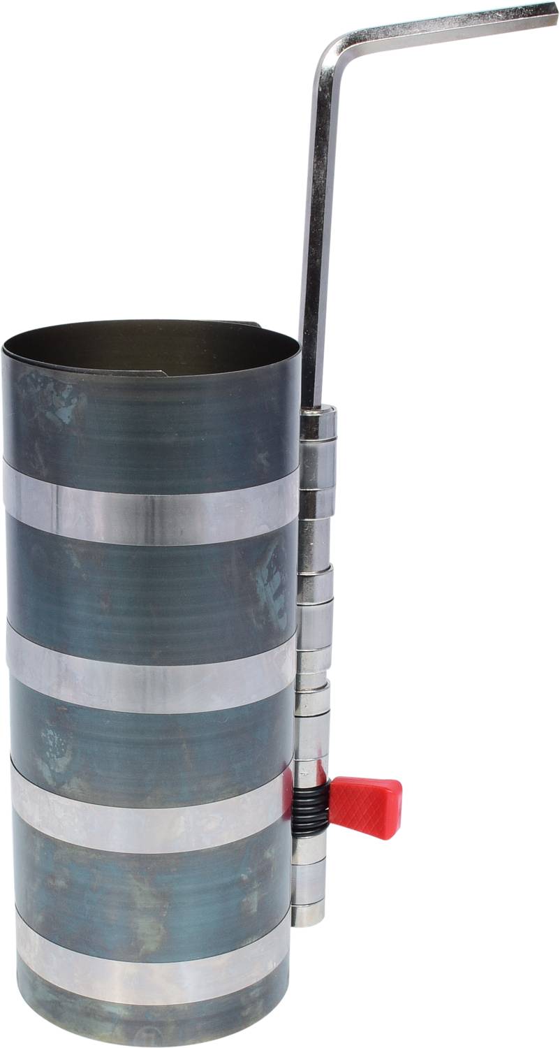 Ein Metallzylinder mit verstellbarem Hebel und rotem Griff, vermutlich Teil eines Maschinentools oder einer technischen Ausrüstung.