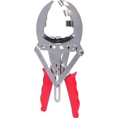 Eine metallische Zange mit roten Griffen, geeignet für das Verschließen von Klammern oder speziellen Verschlüssen, genutzt in mechanischen Anwendungen.