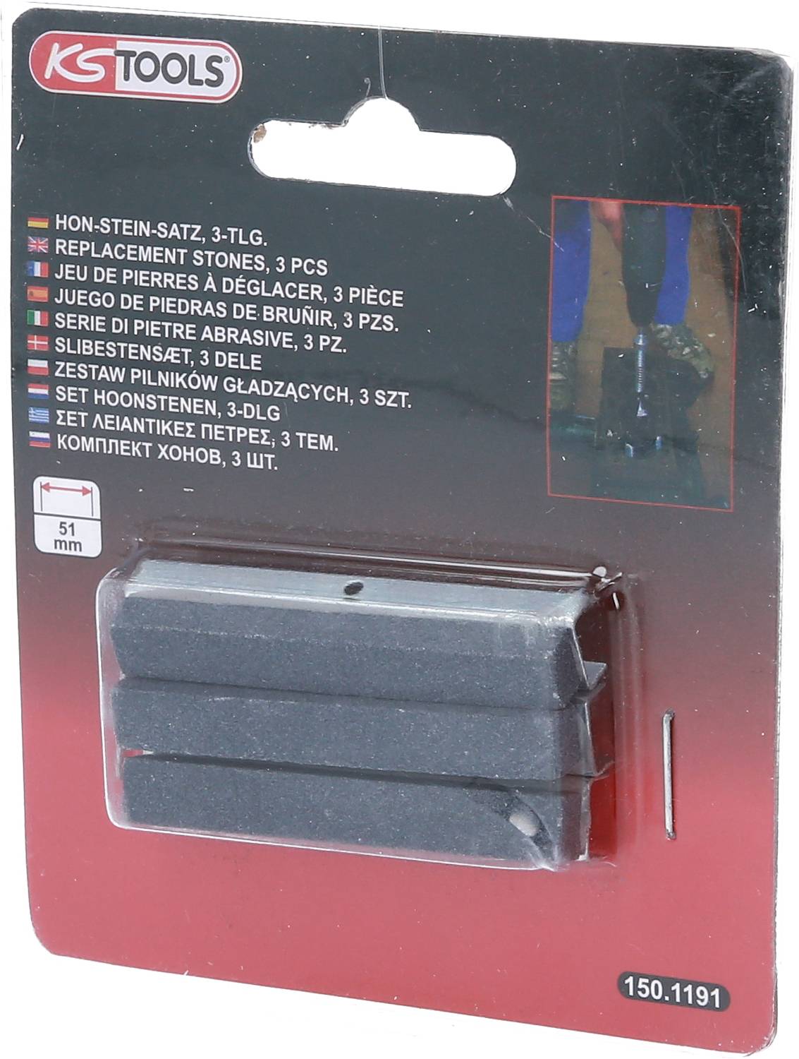 Eine Verpackung mit Schleifsteinen, 3-teilig, von KS Tools, kompatibel mit 51 mm Werkzeugen.