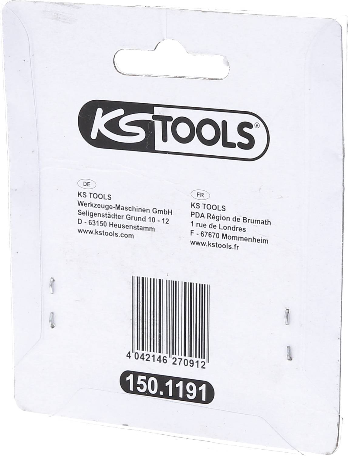 Verpackung von KS Tools mit Firmenadresse in Deutschland und Frankreich. Produktnummer: 150.1191.