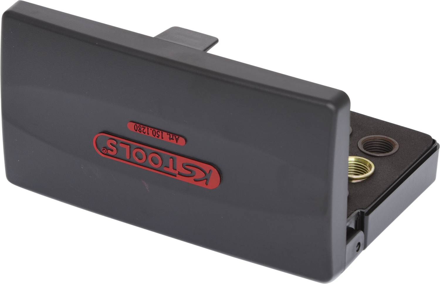 Schwarzes Werkzeugteil, rechteckig mit rotem 'KTOOLS' Logo, offener Hohlraum sichtbar, möglicherweise Teil einer Vorrichtung.