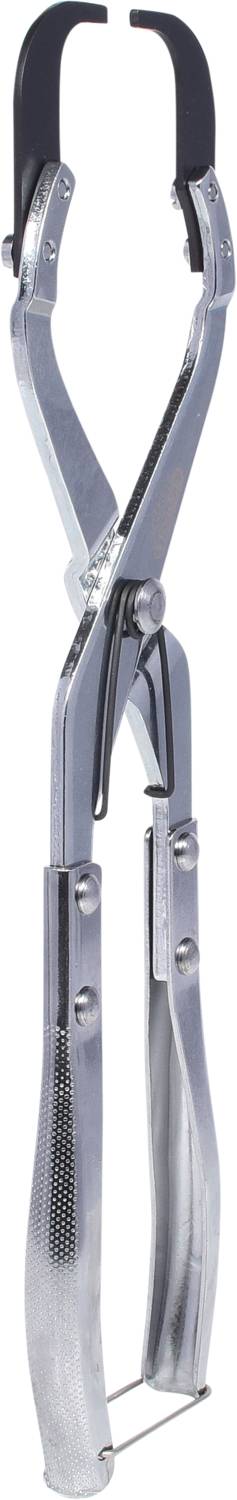 Metallischer Grillzangenöffner aus Edelstahl mit schwarzem Gummischutz an den Spitzen, ideal zum sicheren Greifen und Heben von heißen Gegenständen.