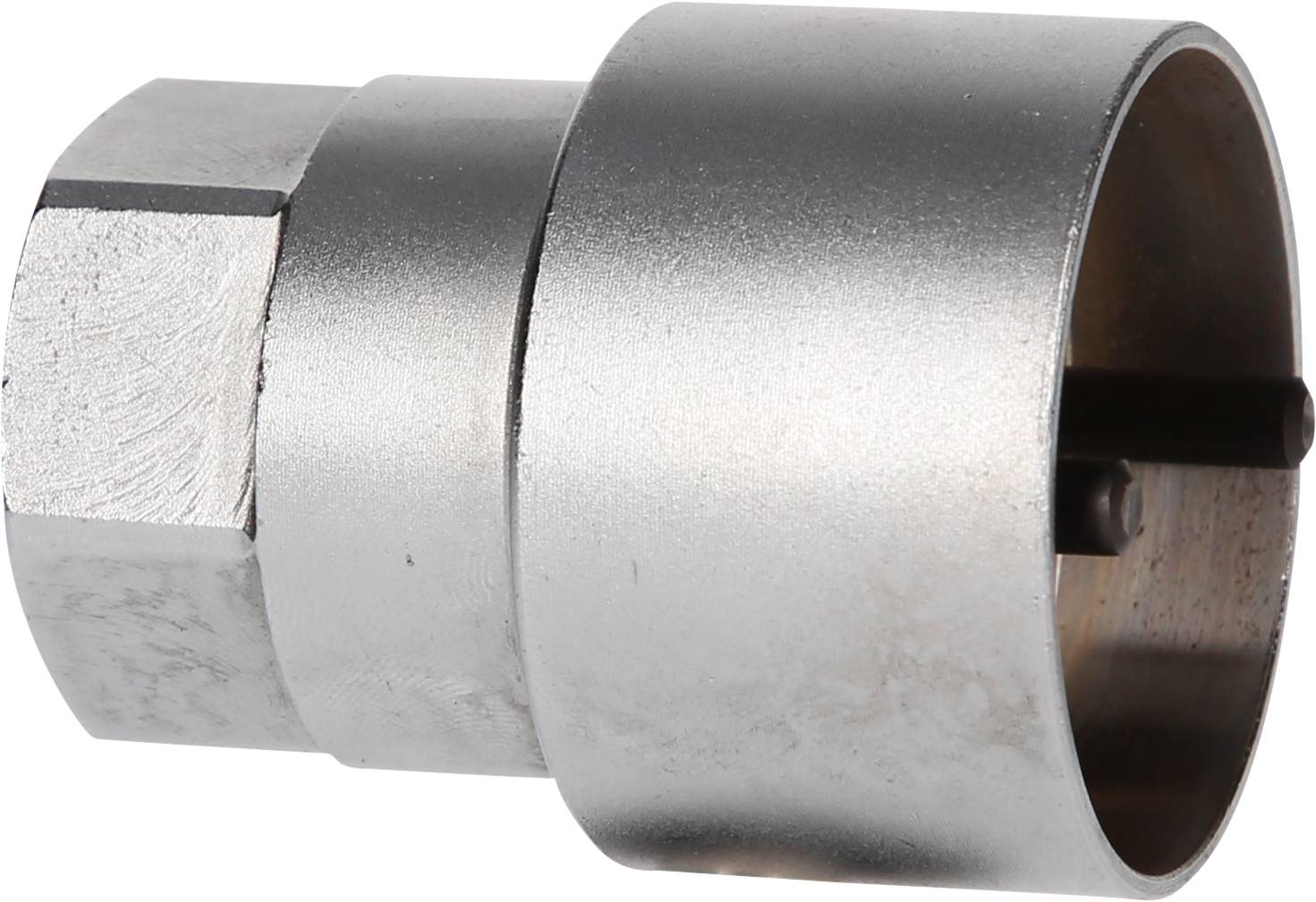 Silbernes Metallwerkzeug mit zylindrischem Gehäuse und Innengewinde. Verwendet für mechanische Anwendungen oder Reparaturen.