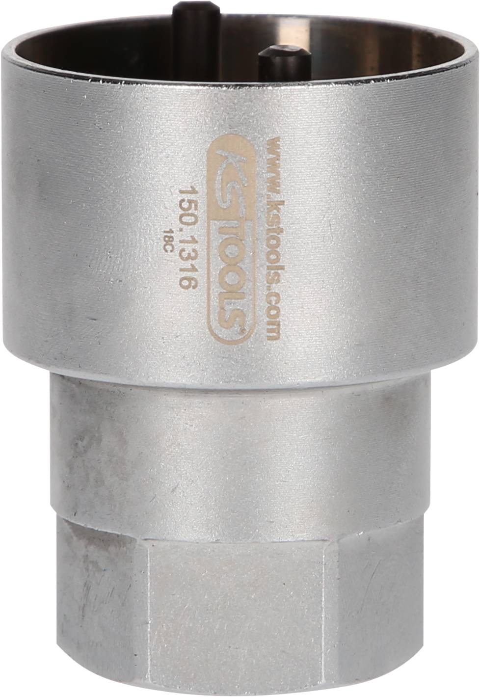 Silberne Sechskant-Nuss mit Logo und Website-Adresse von KS Tools, Artikelnummer 150.1316.