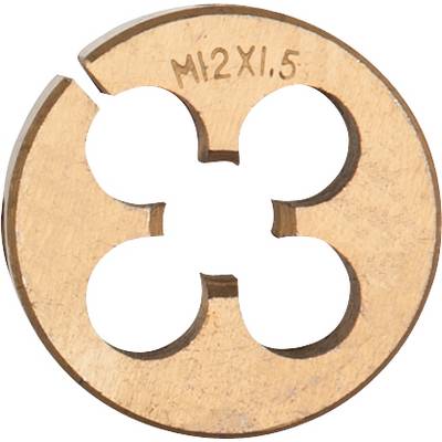 Rundes Gewindeschneideisen aus Metall mit der Aufschrift 'M12x1.5', das zum Schneiden von Gewinden auf Stangen verwendet wird.