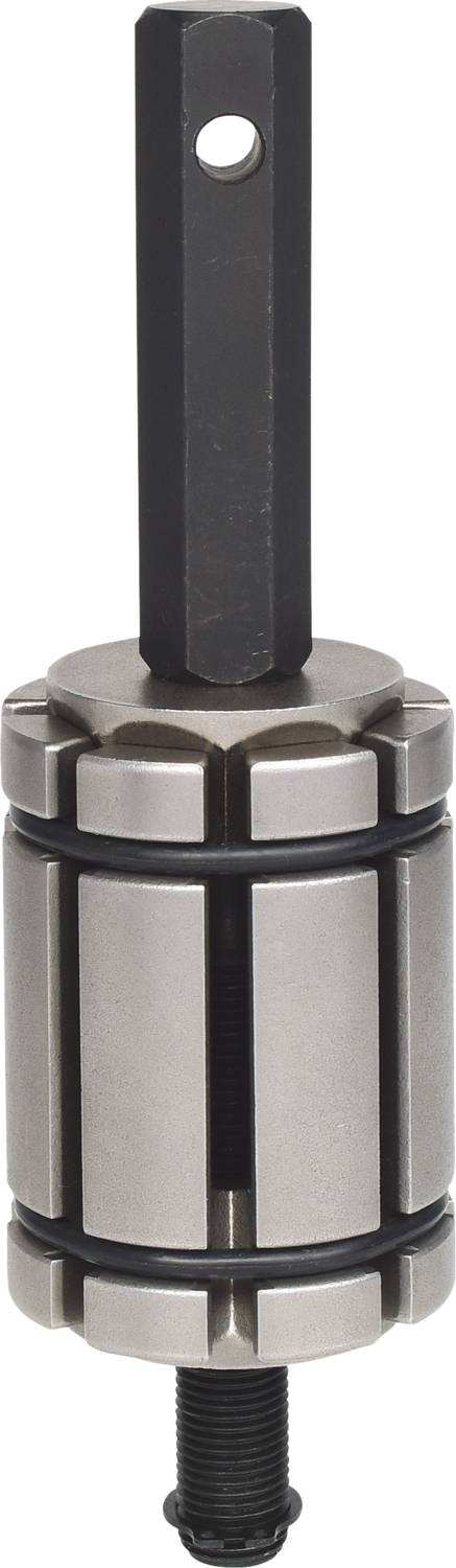 Metallische Werkzeugkomponente mit zylindrischem Körper und langem, rechteckigem Griff. Verwendet für die mechanische Befestigung.