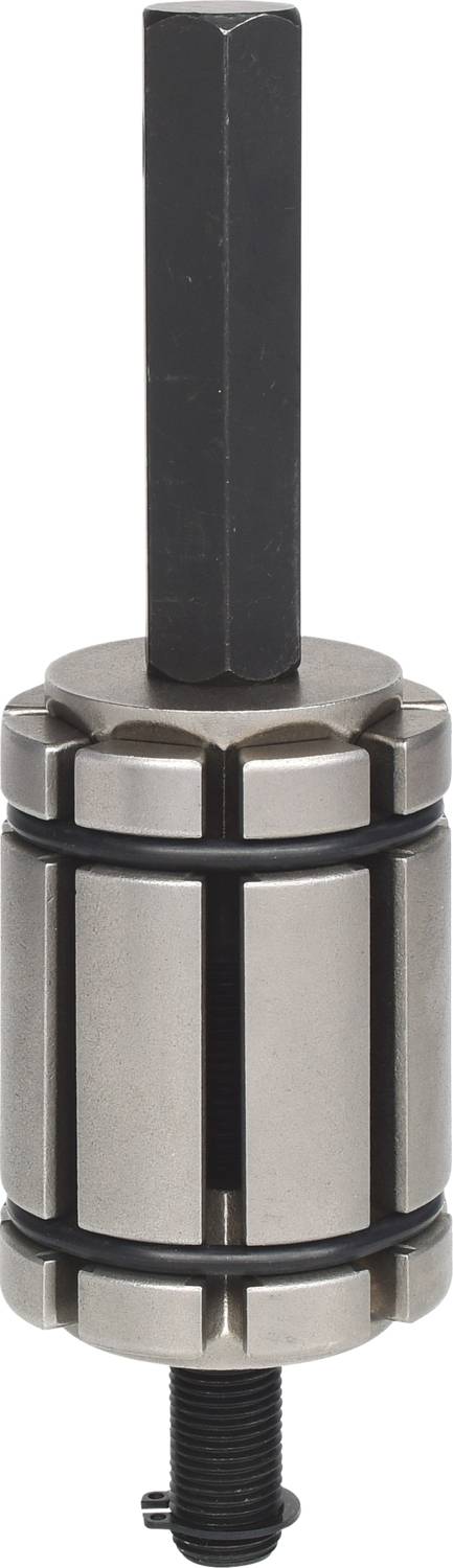 Ein metallischer Spannzangenhalter mit sechseckigem Schaft und Schraubmechanismus, verwendet in Werkzeugmaschinen zur Fixierung von Werkstücken.