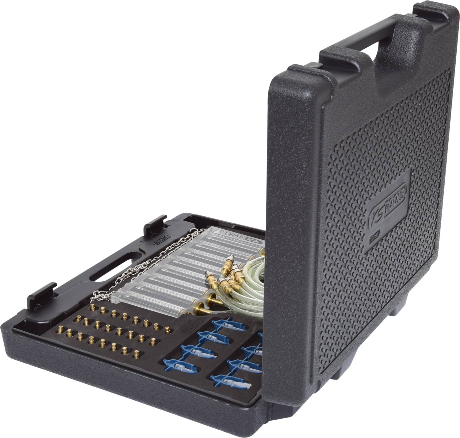 Ein geöffneter schwarzer Werkzeugkoffer mit verschiedenen Teilen, darunter blaue Clips, goldene Düsen, Schläuche und Ketten.