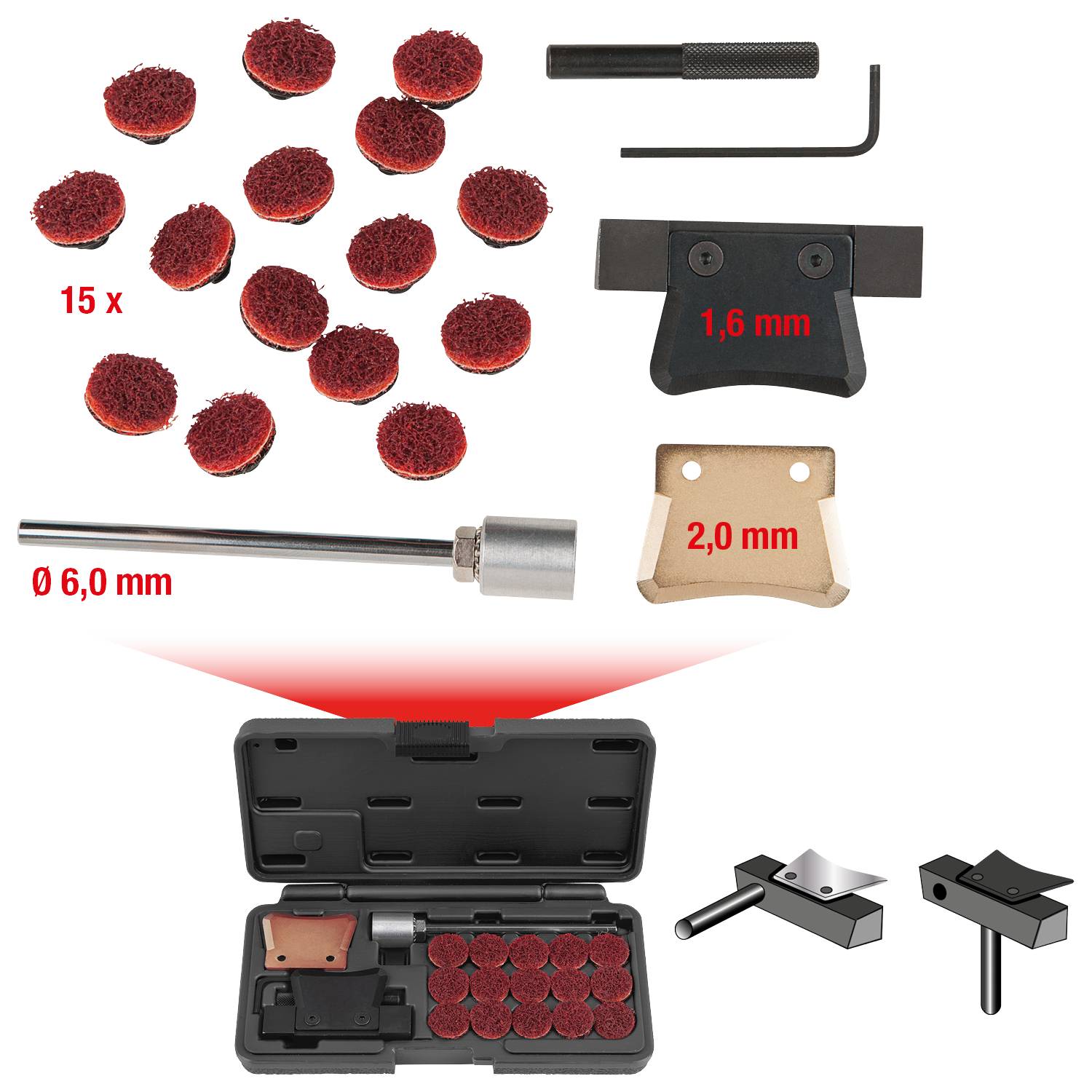 'Werkzeugset zur Scheibenmontage: 15 Reinigungspads, Multitool mit Haken, Abstandshalter (1,6 mm), Adapter (Ø 6,0 mm), Box.'