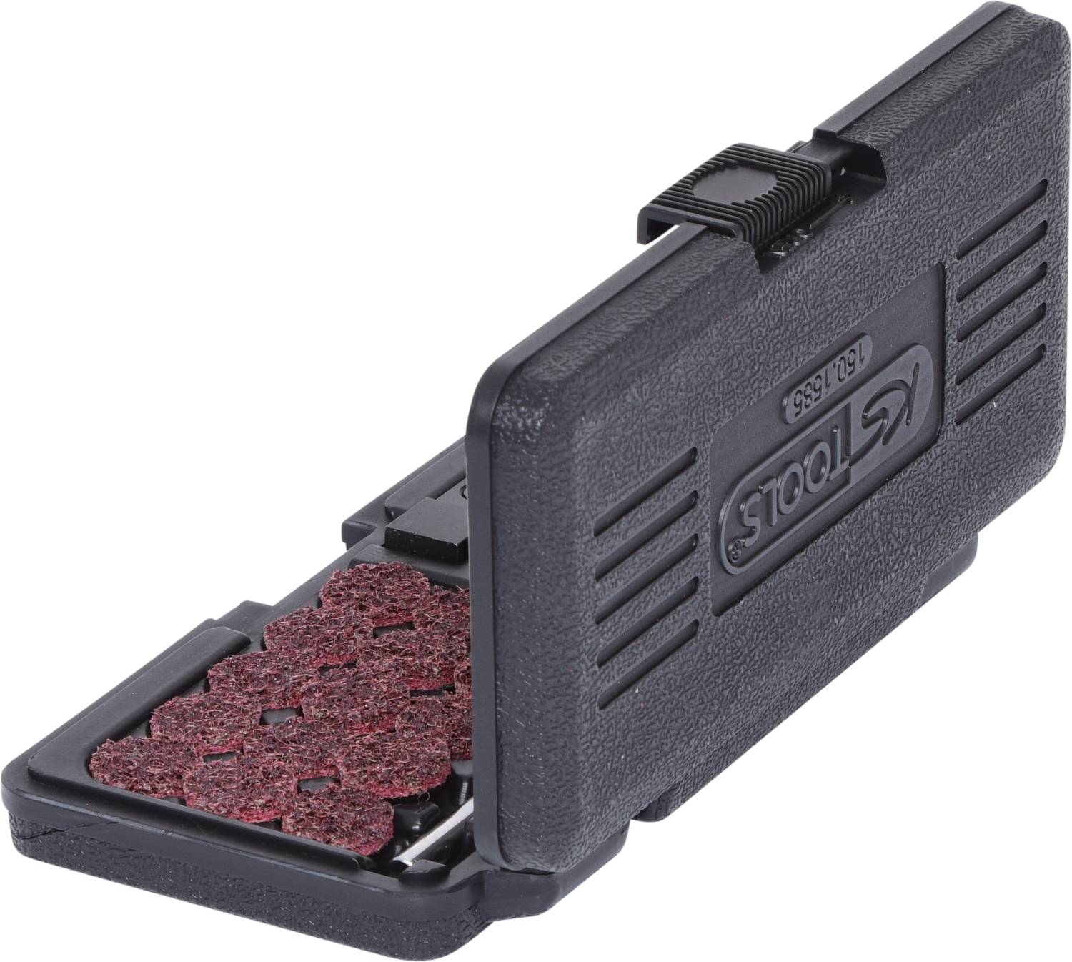 Ein schwarzes Etui mit einer geöffneten Klappe zeigt rote Schleifscheiben im Inneren, das Etui trägt den Schriftzug 'KS Tools'.