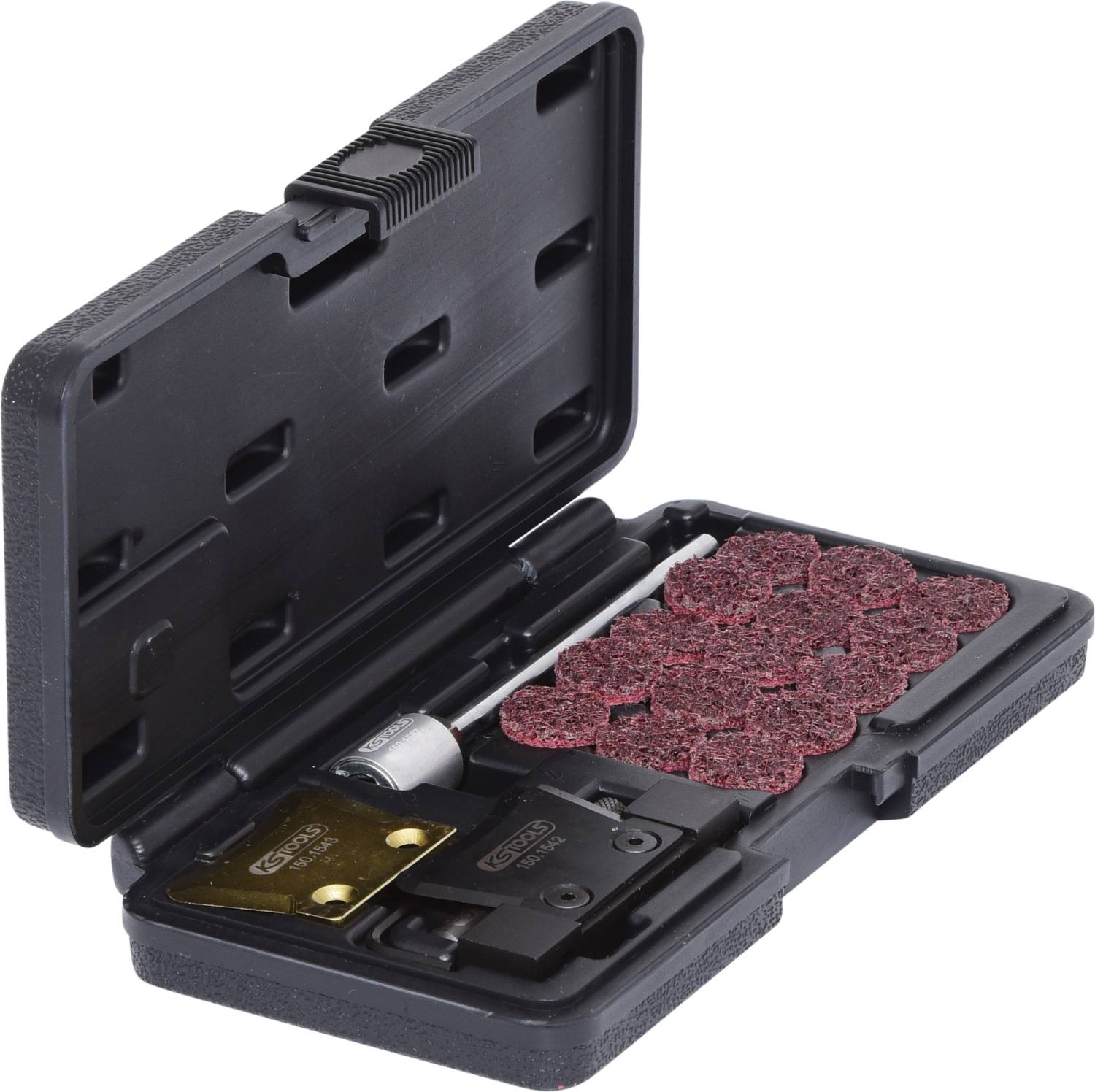 'Ein offenes schwarzes Etui mit Werkzeugen, das Schleif- und Schneidzubehör für eine Bohrmaschine enthält.'