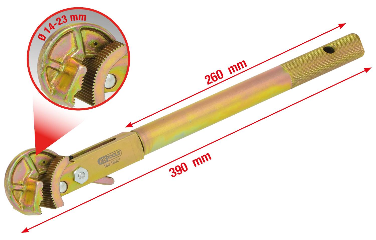 Verstellbarer Drehmomentschlüssel, Länge 390 mm, mit einem vergrößerten Detailbild des Greifkopfs, der einen Bereich von 14-23 mm abdeckt.