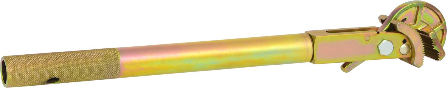 Ein gelber Metallwerkzeuggriff mit zylindrischem Griff und gezahntem Halterungsmechanismus, möglicherweise zum Befestigen von Werkzeugen.