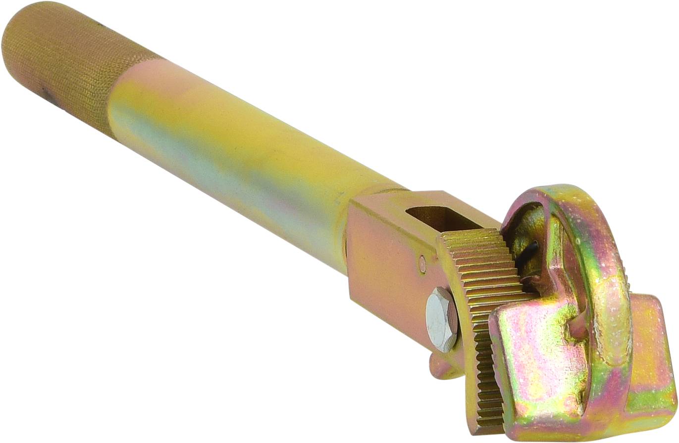 Ein verstellbarer Rohrschlüssel aus Metall mit einem langen, zylindrischen Griff und einer gezahnten, rechteckigen Backe.