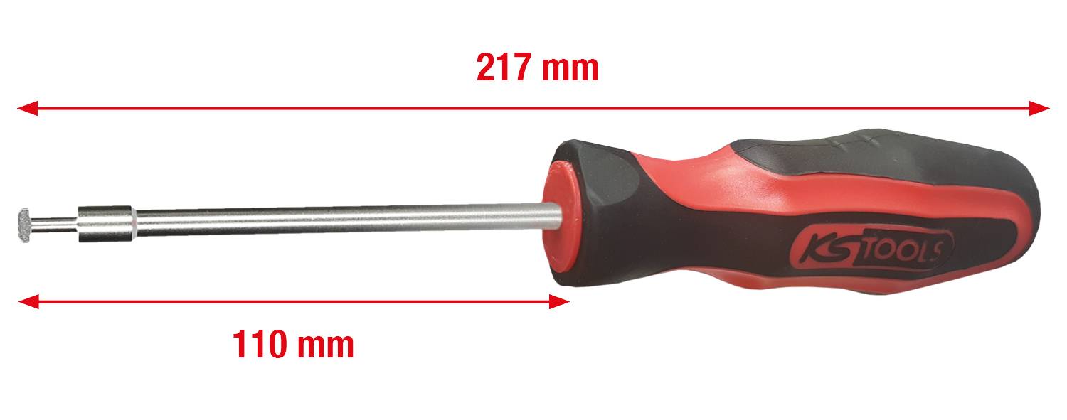 Ein magnetischer Schraubendreher, abgebildet in der Seitenansicht, misst insgesamt 217 mm. Der Griff ist 110 mm lang.