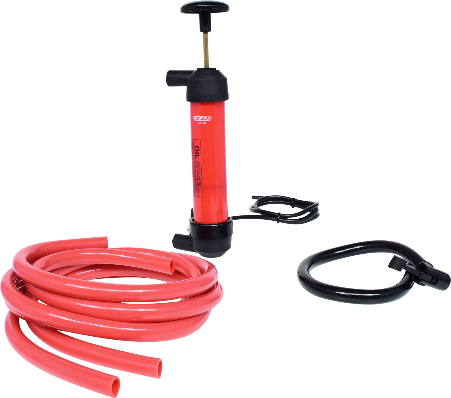 Rote Handpumpe mit schwarzem Griff und zwei Schläuchen, rot und schwarz.