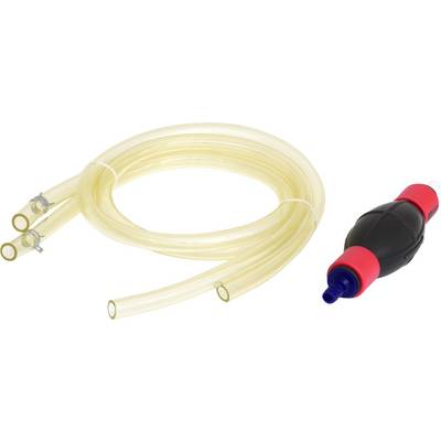 Kraftstoff-Förderschlauch mit Siphonpumpe. Die Pumpe hat einen schwarzen Körper mit roten Enden, der Schlauch ist transparent.