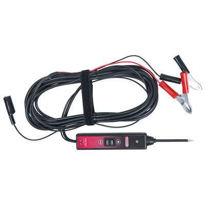 Kabel mit Clips und Prüfgerät zur elektrischen Leitungsmessung. Geeignet für Kfz-Diagnosen, erkennbar am roten und schwarzen Kabel.