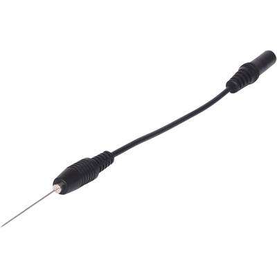 Schwarzes Kabel mit dünnem Metallstab an einem Ende und einer Buchse am anderen. Könnte als Temperaturfühler verwendet werden.