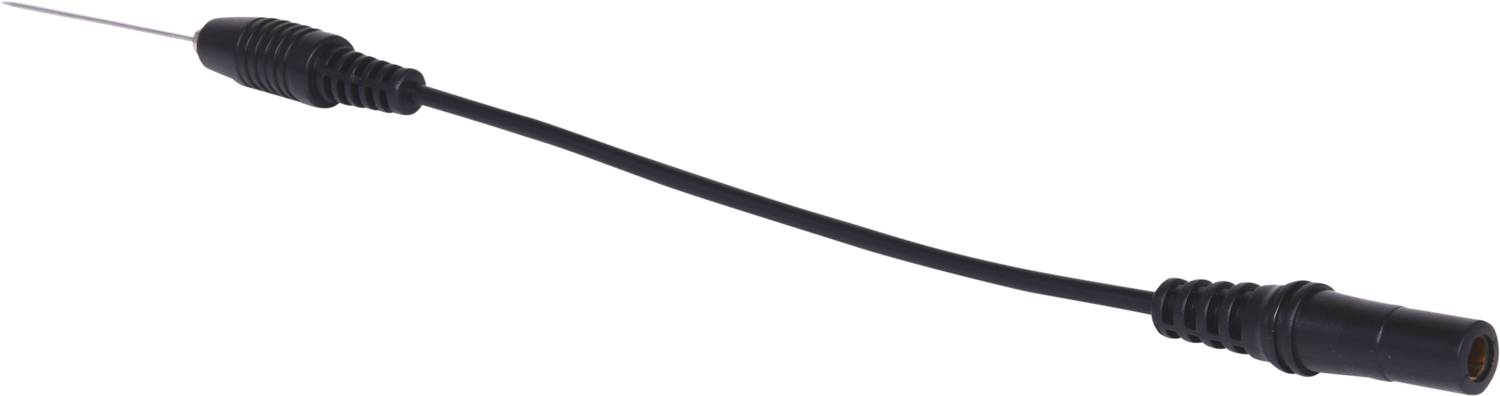 Ein schwarzes Kabel mit Anschlüssen an beiden Enden, eines mit einer Metallspitze und das andere mit einem kreisförmigen Anschluss.