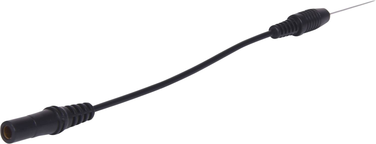 Ein schwarzes Audiokabel mit einem 3,5-mm-Stecker und einer Buchse, geeignet zum Verbinden von Audio-Geräten.