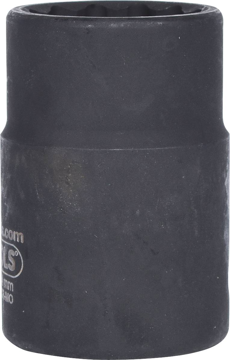 Eine schwarze Sechskant-Nuss, zylindrisch, verwendet für Schrauben oder Muttern, mit einem glatten Finish und Markierungen an der Außenseite.