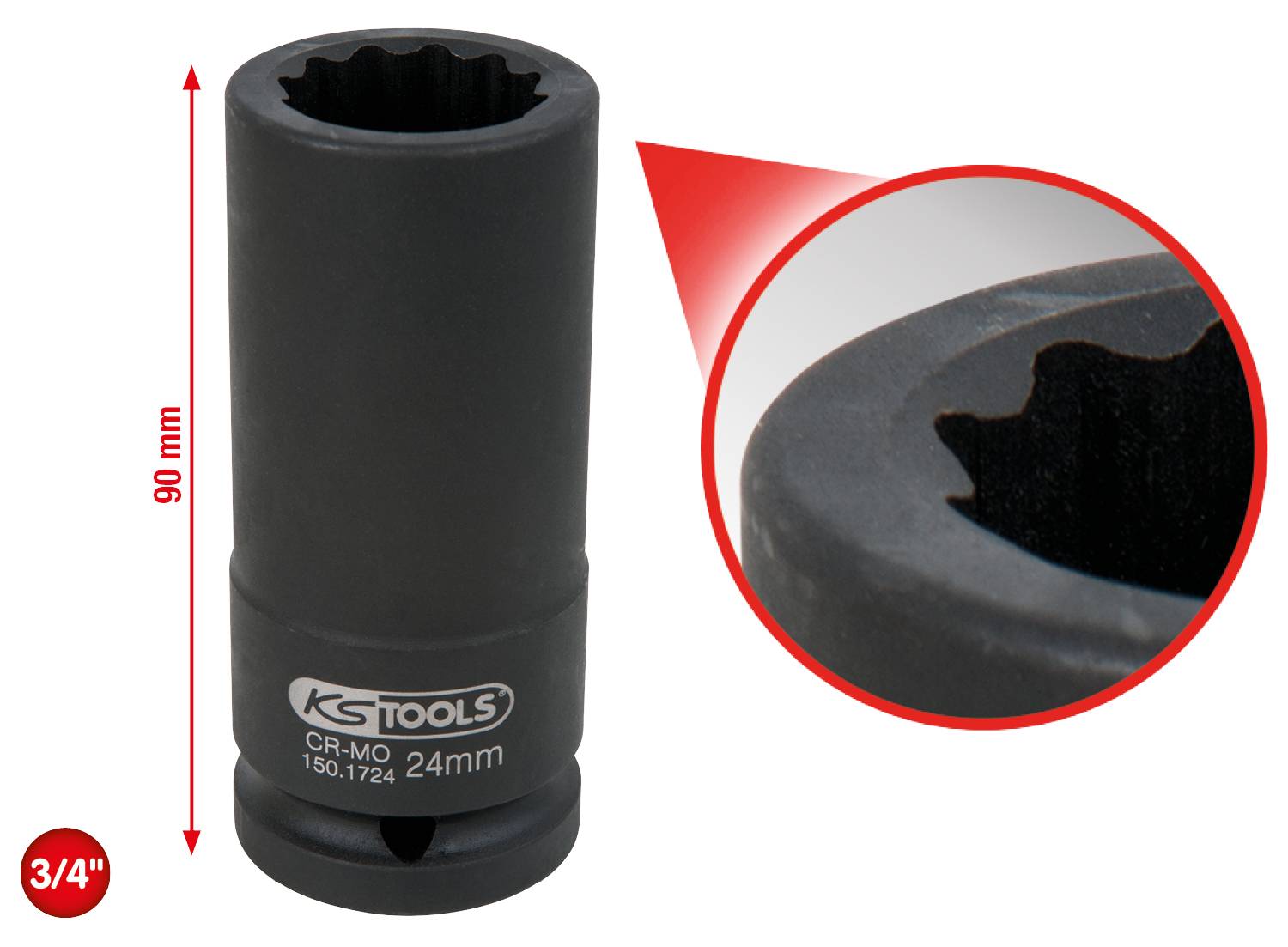 'Nuss 24 mm von KS Tools, 90 mm Höhe. Zoom auf die geränderte Kante zur besseren Griffigkeit. Roter Pfeil zeigt Detailansicht.'