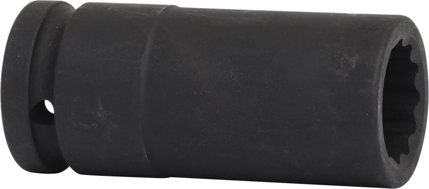 Eine schwarze, zylindrische Nuss mit mehreren Zähnen innen, vermutlich ein Werkzeugaufsatz, isoliert dargestellt.