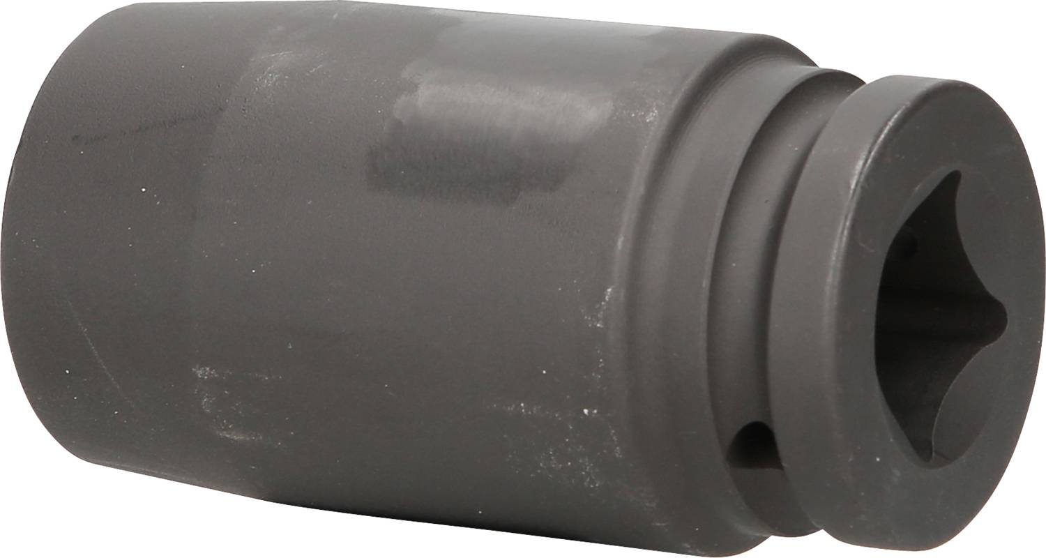 Ein dunkelgrauer, zylindrischer Metallaufsatz mit einem Sechskant-Schraubenkopf auf der rechten Seite, verwendet für Bauarbeiten.