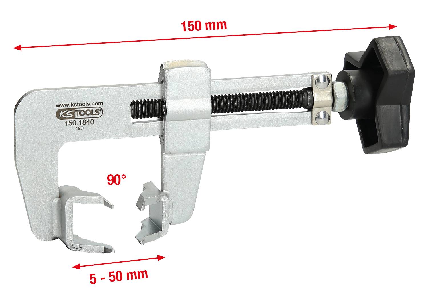 'Spezialwerkzeug für Bremssattelmontage, Klemmbereich 5-50 mm, Gesamtlänge 150 mm, Winkel 90 Grad, für professionelle Anwendungen.'