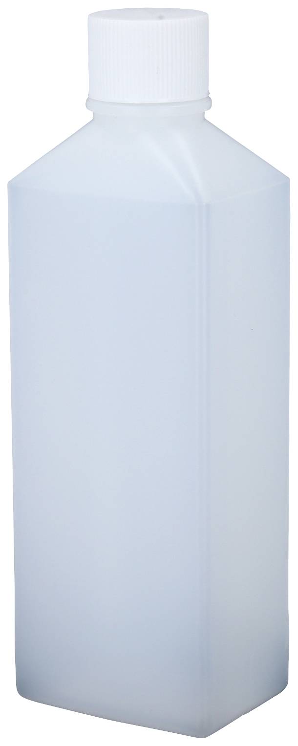 Eine leere, weiße Plastikflasche mit Schraubverschluss, stehend vor einem neutralen Hintergrund.