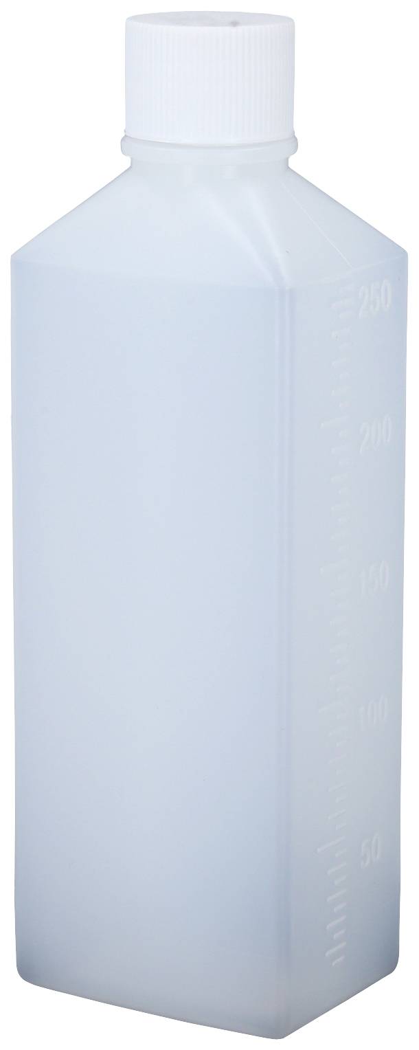 Durchsichtige, quadratische Plastikflasche mit weißem Schraubverschluss, misst bis 250 ml, ideal für Flüssigkeiten oder Laborproben.