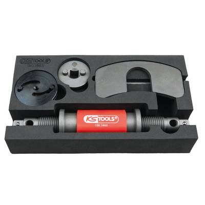 Werkzeugset mit verschiedenen Metallteilen in geformtem Kasten. Enthält Scheiben, eine Stange und einen gebogenen Halter.