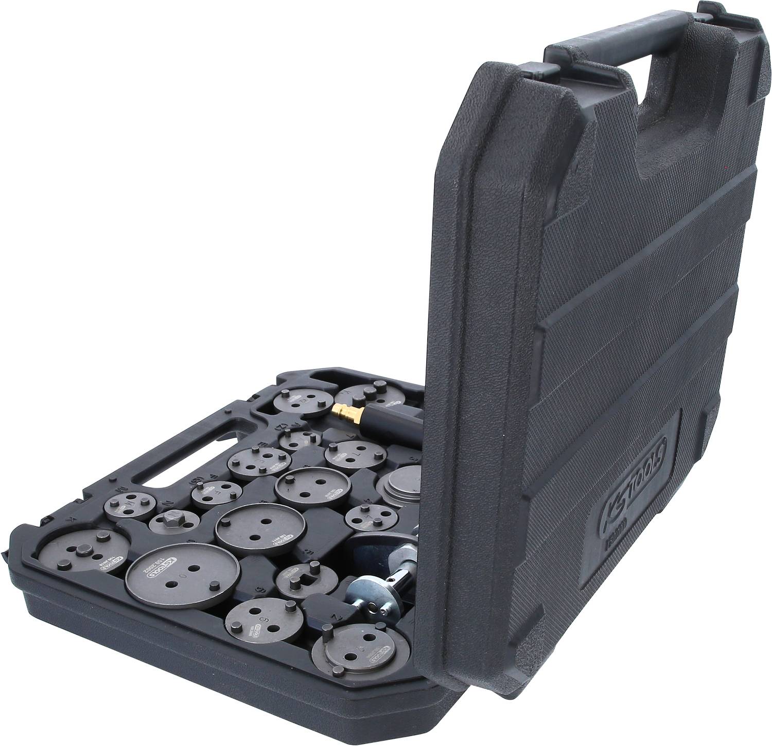 Schwarzer Werkzeugkoffer mit geöffnetem Deckel zeigt sortierte Metallaufsätze und Adapter.