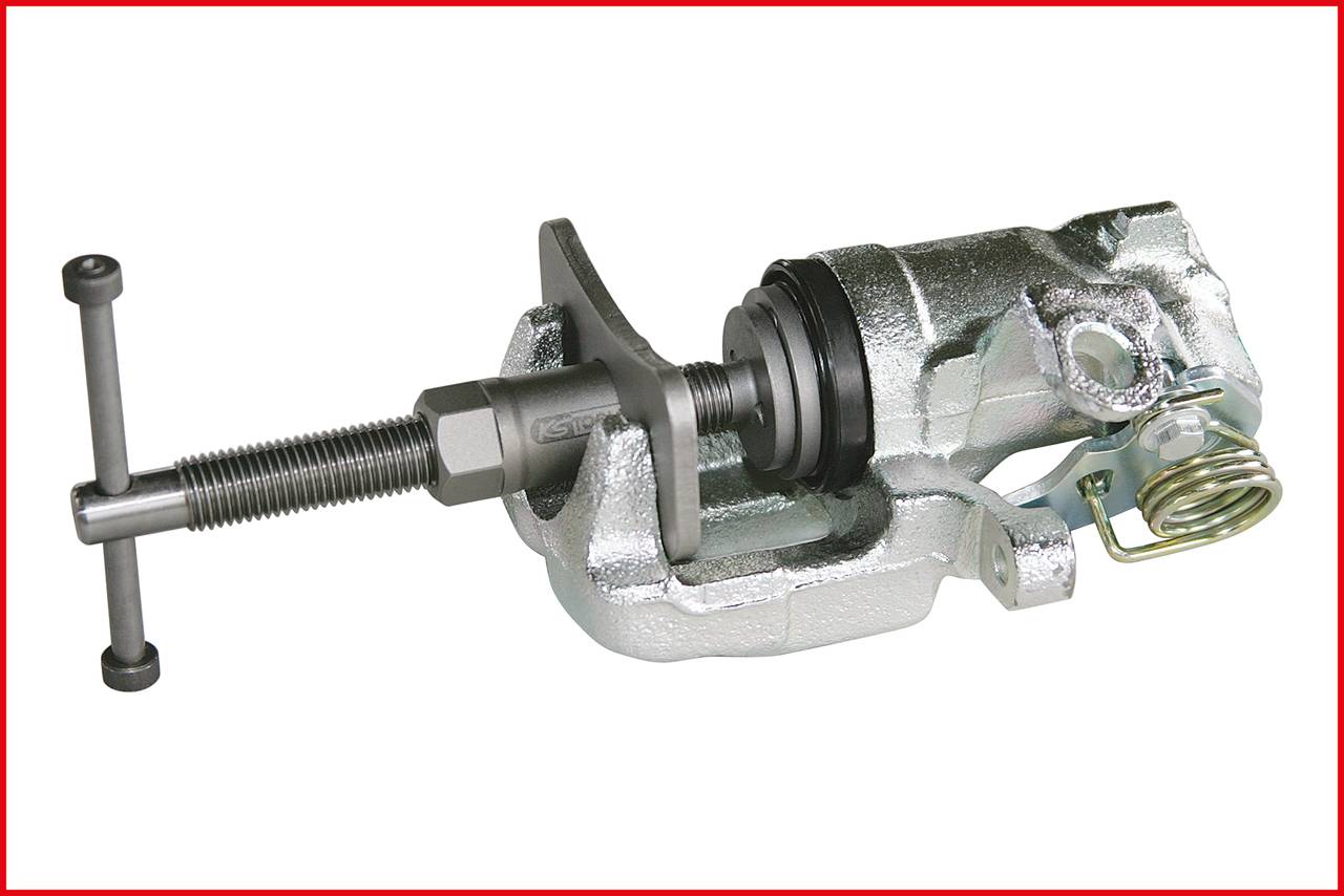Ein silberner Bremskolbenrücksteller, verwendet zum Zurückdrücken von Bremssätteln bei Kfz-Reparaturen.
