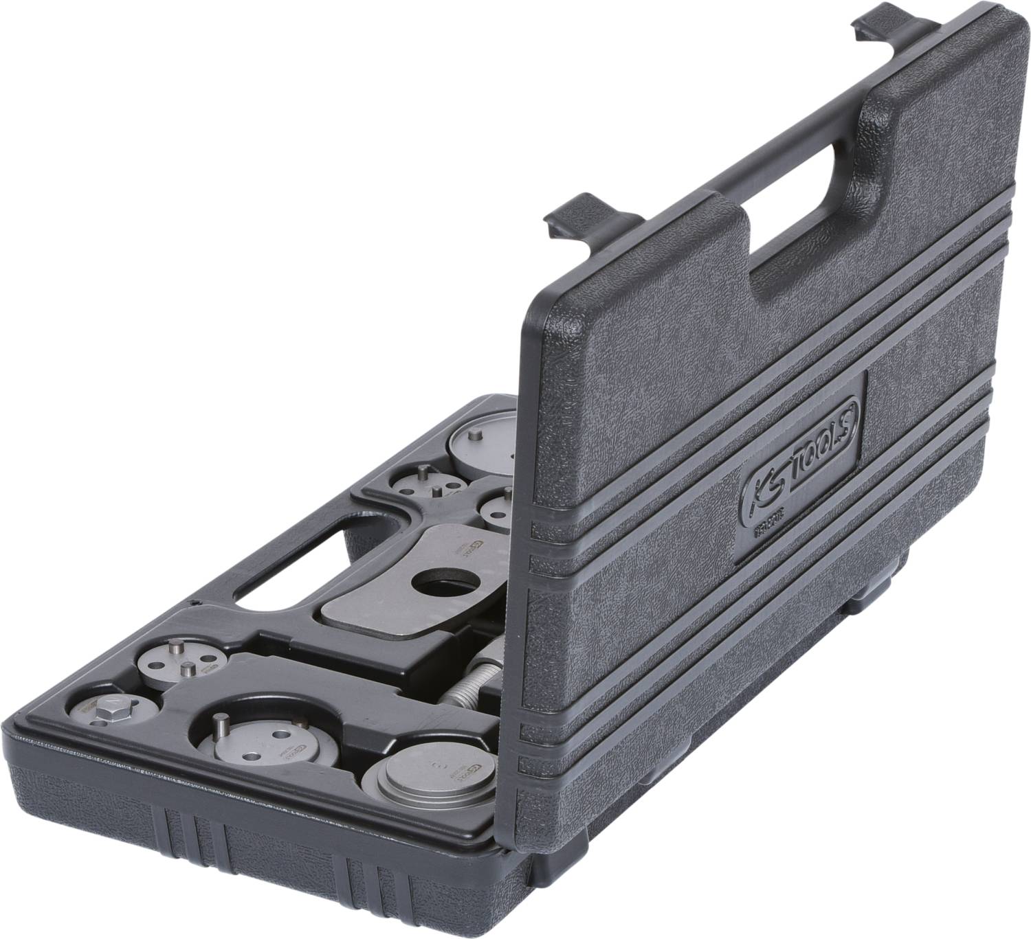 Koffer mit verschiedenen Werkzeugteilen und Aufsätzen, offenbar für technische oder mechanische Anwendungen geeignet.