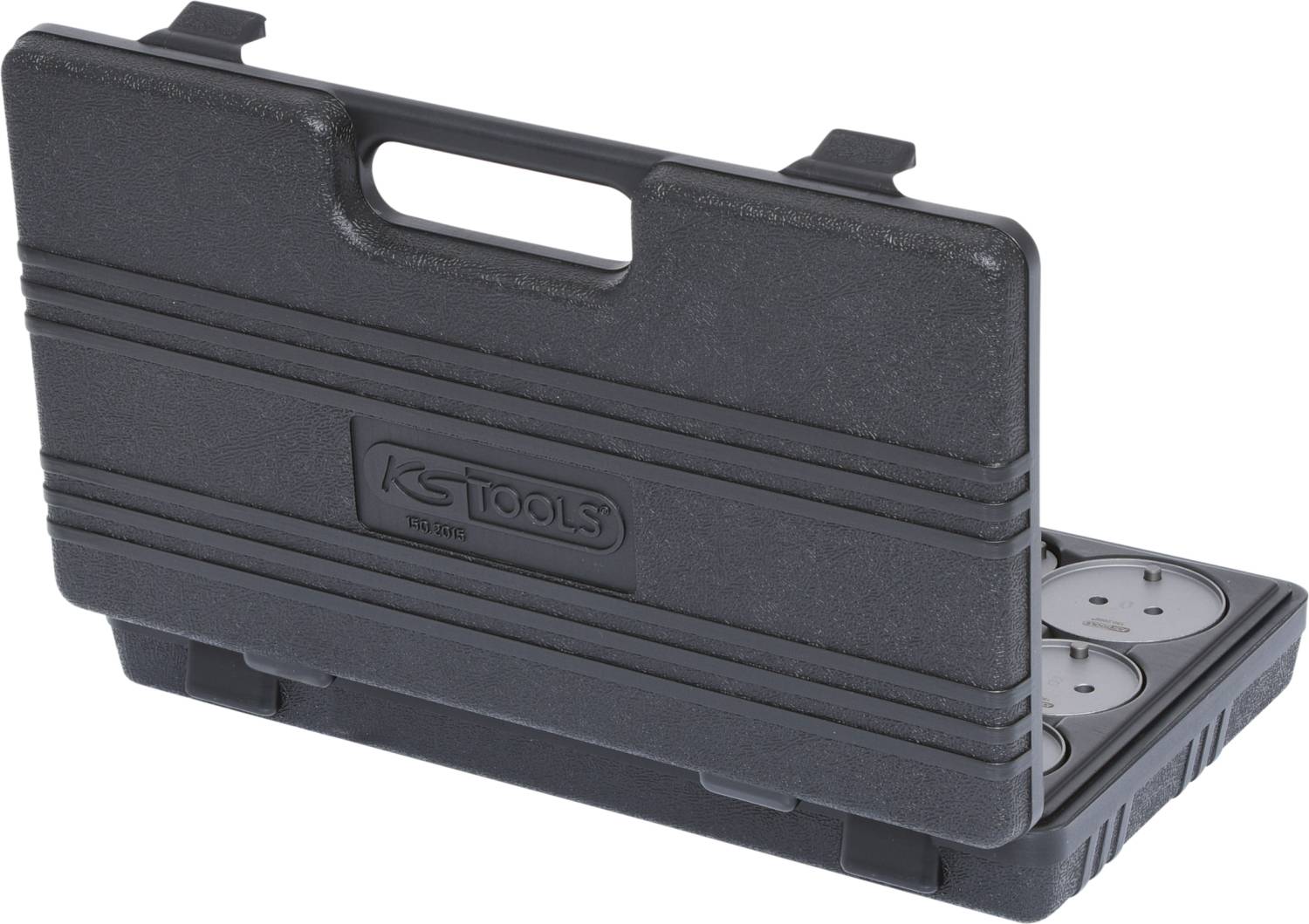 Ein schwarzer Kunststoffkoffer mit Tragegriff, teilweise geöffnet, zeigt zwei runde Einsätze. Auf der Vorderseite steht 'KS Tools'.