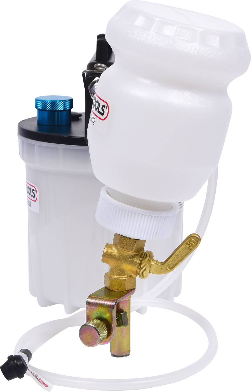 Ein Bremsenentlüftungsgerät mit weißem Behälter und Ventil, verwendet zum sicheren Entfernen von Luft aus Bremssystemen.