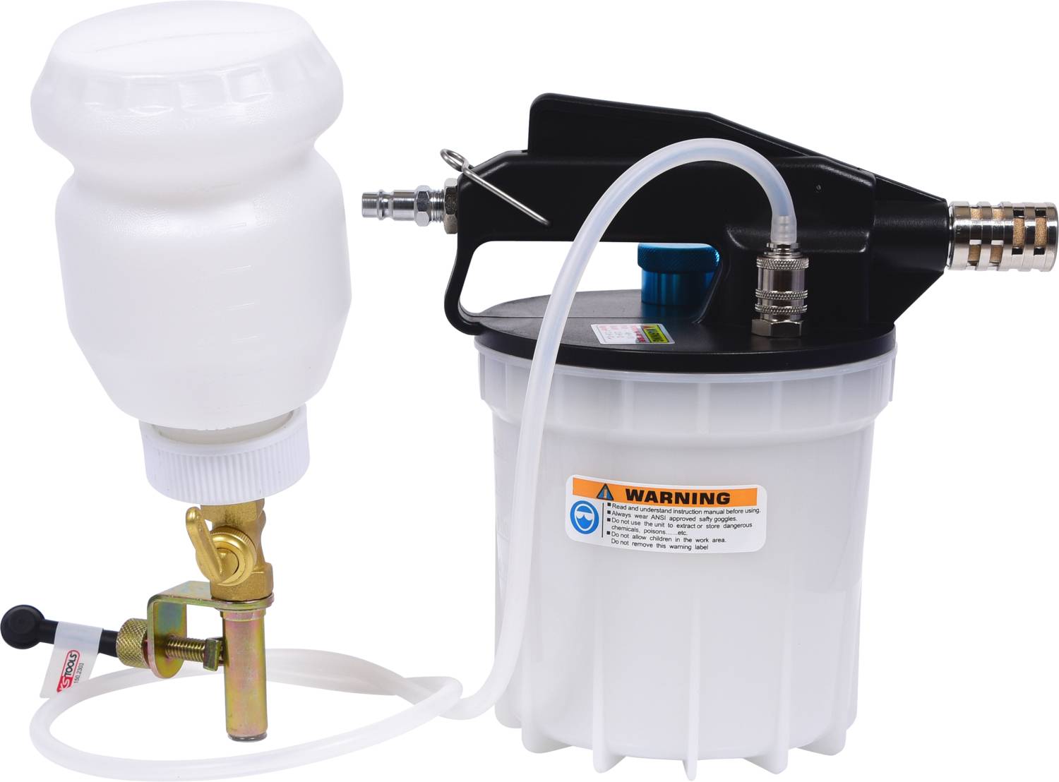 Ein Bremsenentlüftungswerkzeug aus Kunststoff mit einem weißen Flüssigkeitsbehälter und Schläuchen, geeignet zur Wartung von Fahrzeugbremsen.