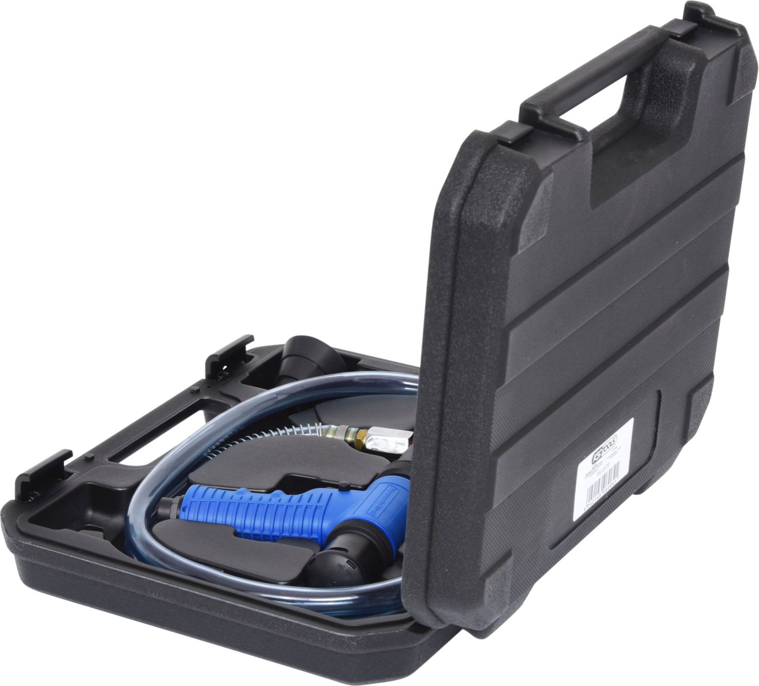Schwarzer Kunststoffkoffer mit offenem Deckel, zeigt einen blau-schwarzen Schlauch und Zubehör. Enthält Werkzeug für spezifische Anwendungen.