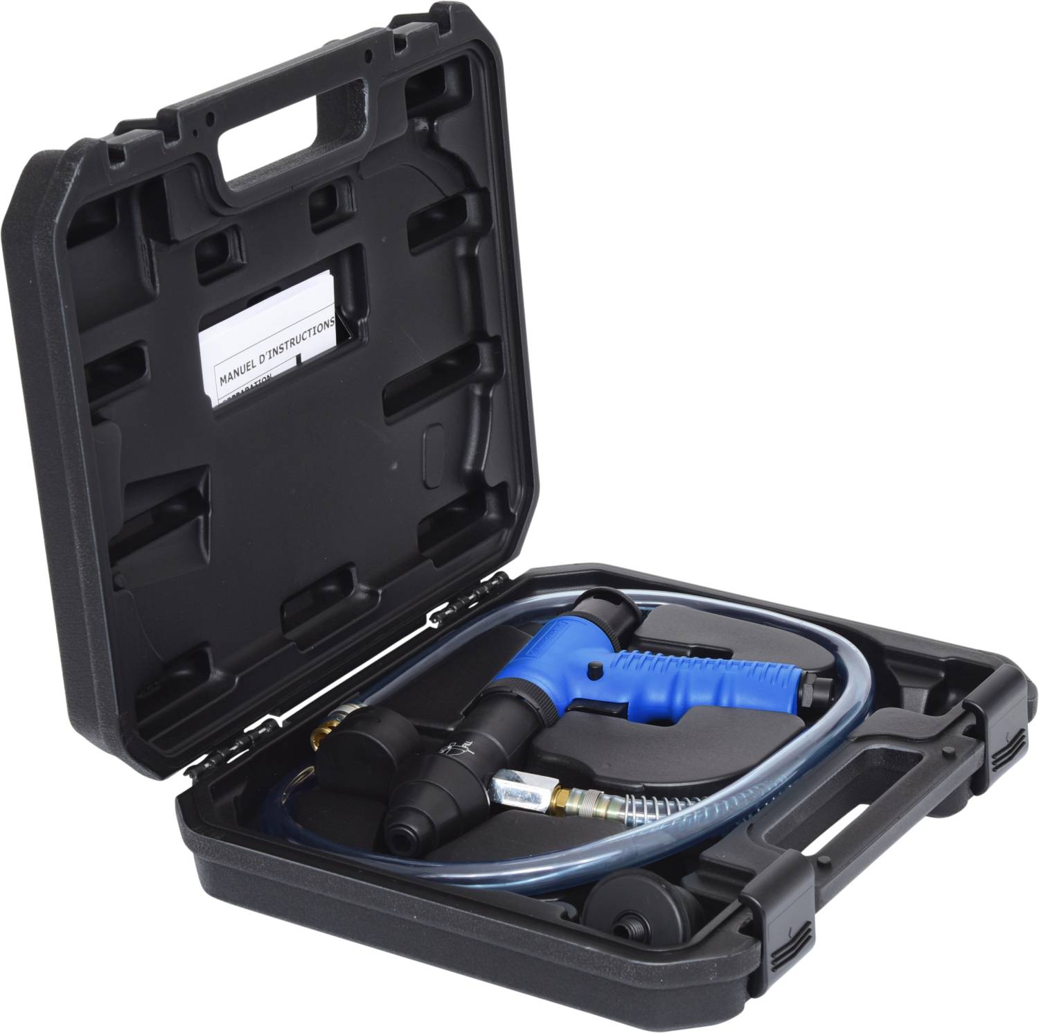 Schwarzer Koffer mit einem blauen Pressluftwerkzeug und Zubehör, darunter ein Schlauch, passend in geformten Fächern.