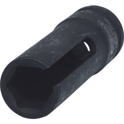 Schwarzer Schraubenschlüssel mit sechseckiger Öffnung und seitlichem Schlitz. Hauptsächlich für spezielle Schrauben oder Muttern.