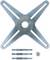 Metallplatte in X-Form mit vier Schlitzen und zentraler Öffnung, darunter drei Bolzen und eine Mutter, auf weißem Hintergrund.